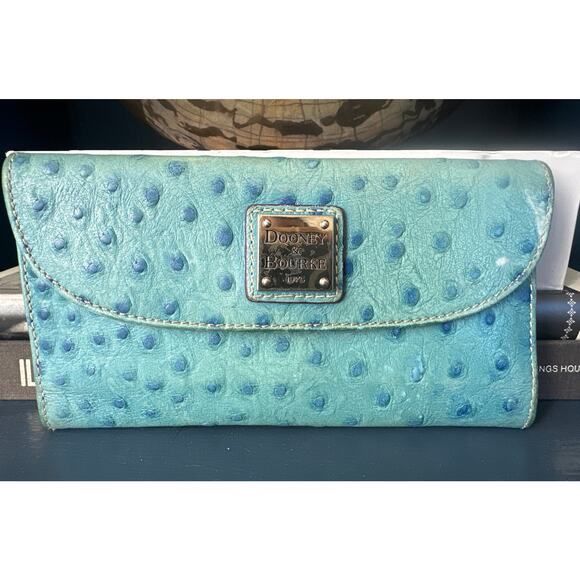 Dooney & Bourke Ostrich Continental Clutch Teal Turquoies Blue Wallet 4 x 7 - Picture 1 of 9